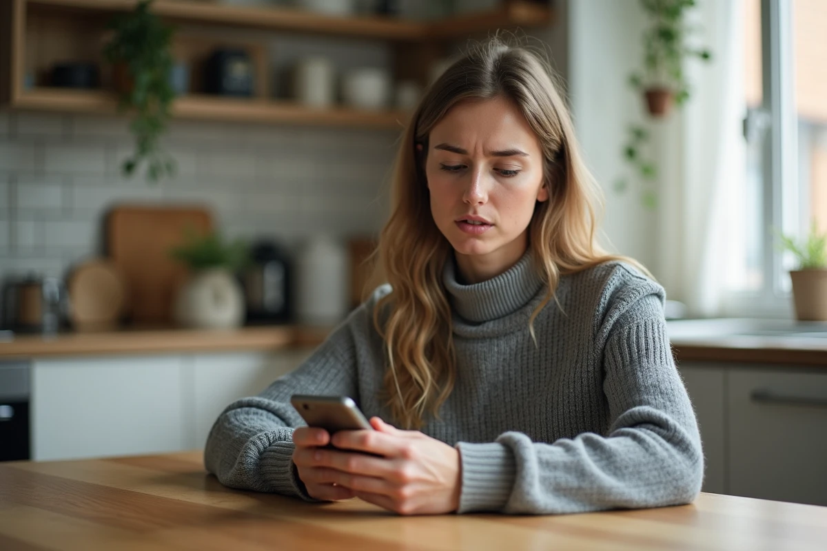 Femme envoyant un SMS discret depuis son smartphone dans une cuisine moderne, illustrant l'envoi de message en numéro masqué