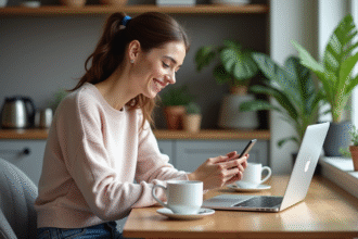 Jeune femme souriante utilisant son smartphone dans la cuisine