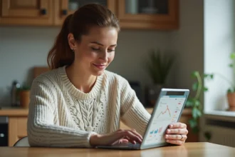 Femme assise à la cuisine regardant une tablette