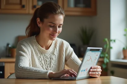 Femme assise à la cuisine regardant une tablette