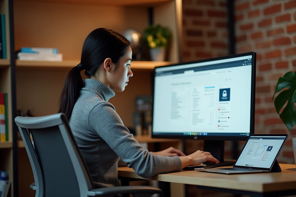 Femme professionnelle organisant des fichiers sur une plateforme de transfert sécurisée suisse depuis son bureau à domicile