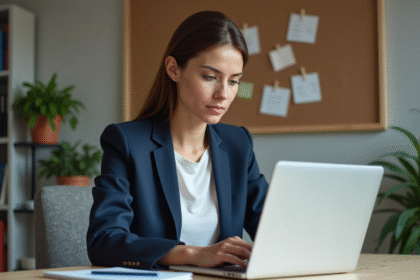 Femme concentrée sur son ordinateur pour une formation en ligne