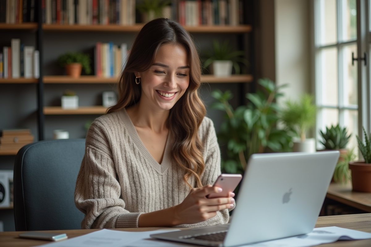Jeune femme souriante utilisant son téléphone dans un bureau à domicile