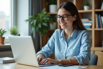 Femme en visioconference dans un bureau organisé