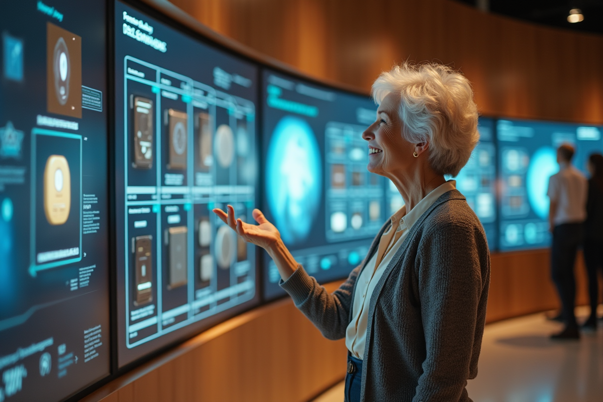 Femme âgée montrant des disques durs anciens et hologrammes