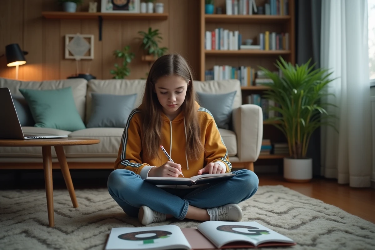 Fille adolescente écrivant dans un carnet dans le salon