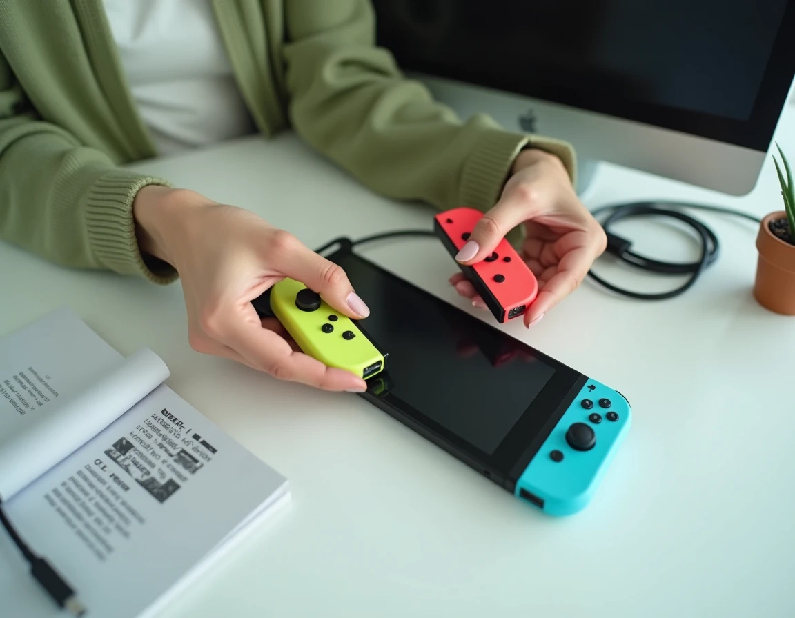 Mains de femme fixant des Joy-Con colorés sur une Nintendo Switch posée sur un bureau blanc avec câble USB-C visible