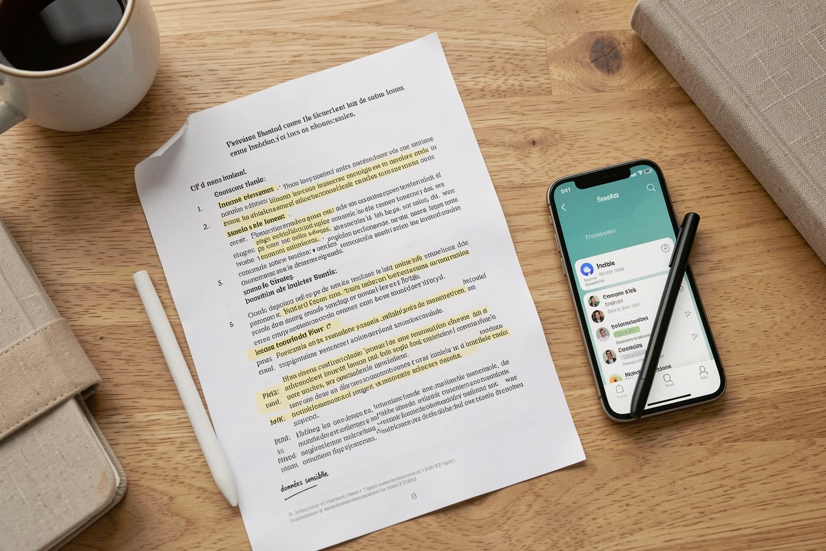 Vue aérienne d'un bureau avec documents PDF imprimés et application cloud sur smartphone illustrant les enjeux des données sensibles