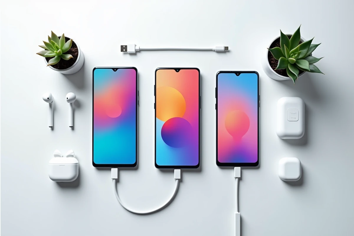 Trois smartphones Samsung Galaxy des séries S, A et FE disposés en flat lay sur fond blanc avec accessoires