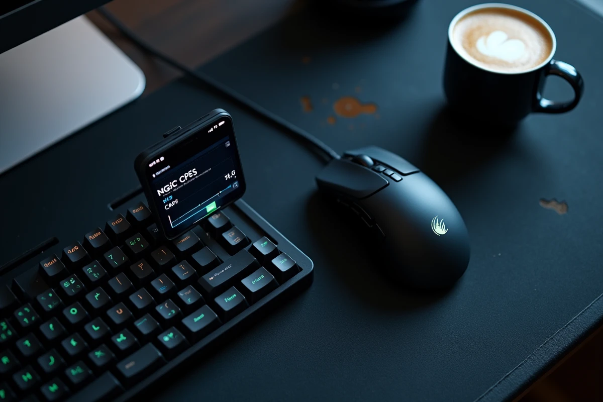 Vue aérienne d'une souris gaming et d'un clavier mécanique avec résultats de test de vitesse de clic affichés sur smartphone
