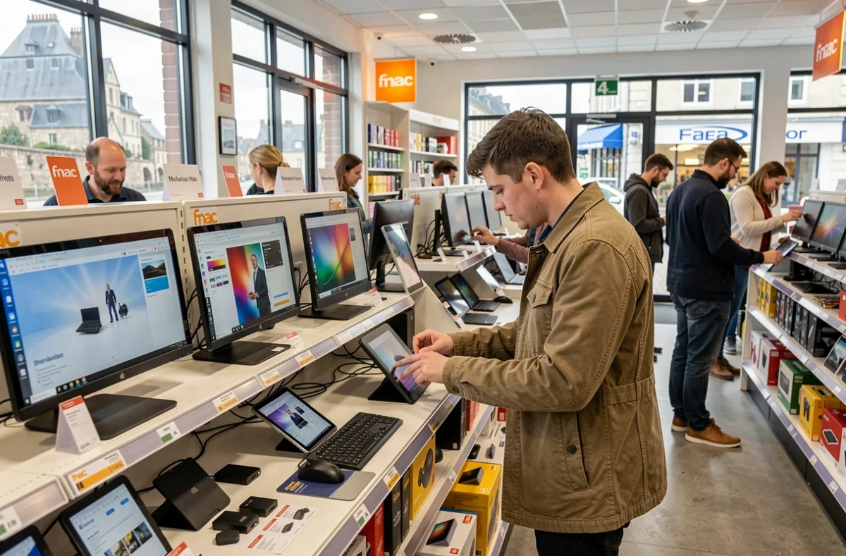 Rayon multimédia de la Fnac Brest dans le Finistère avec un client testant une tablette en exposition
