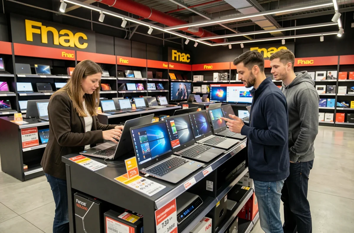 Rayon informatique de la Fnac Rennes avec portables reconditionnés en exposition et un client conseillé par un vendeur