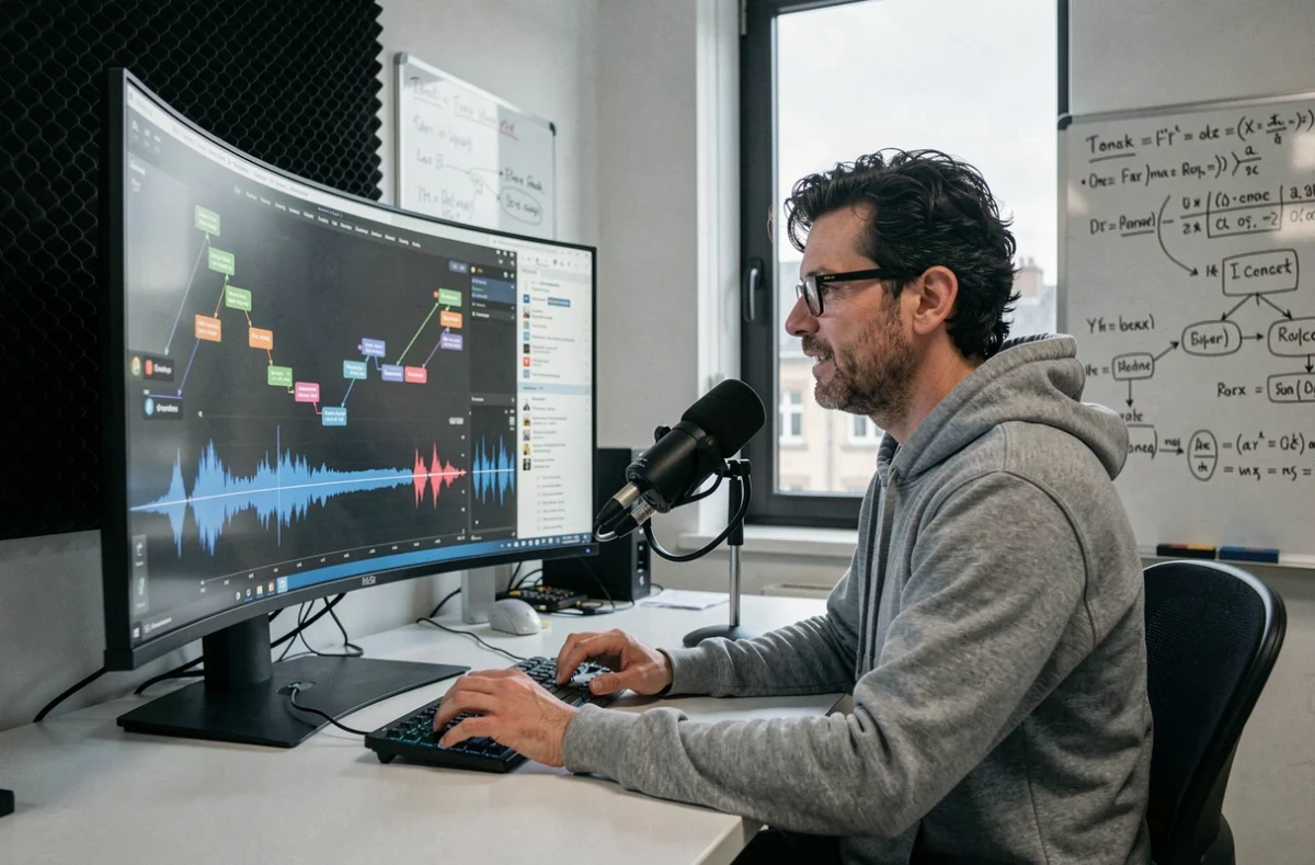Ingénieur R&D testant une solution d'IA conversationnelle sur poste de travail dans les locaux de Genesys à Rennes