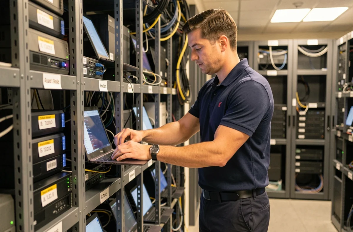 Technicien informatique en entreprise gérant l'inventaire du parc informatique avec des ordinateurs portables sur des étagères métalliques