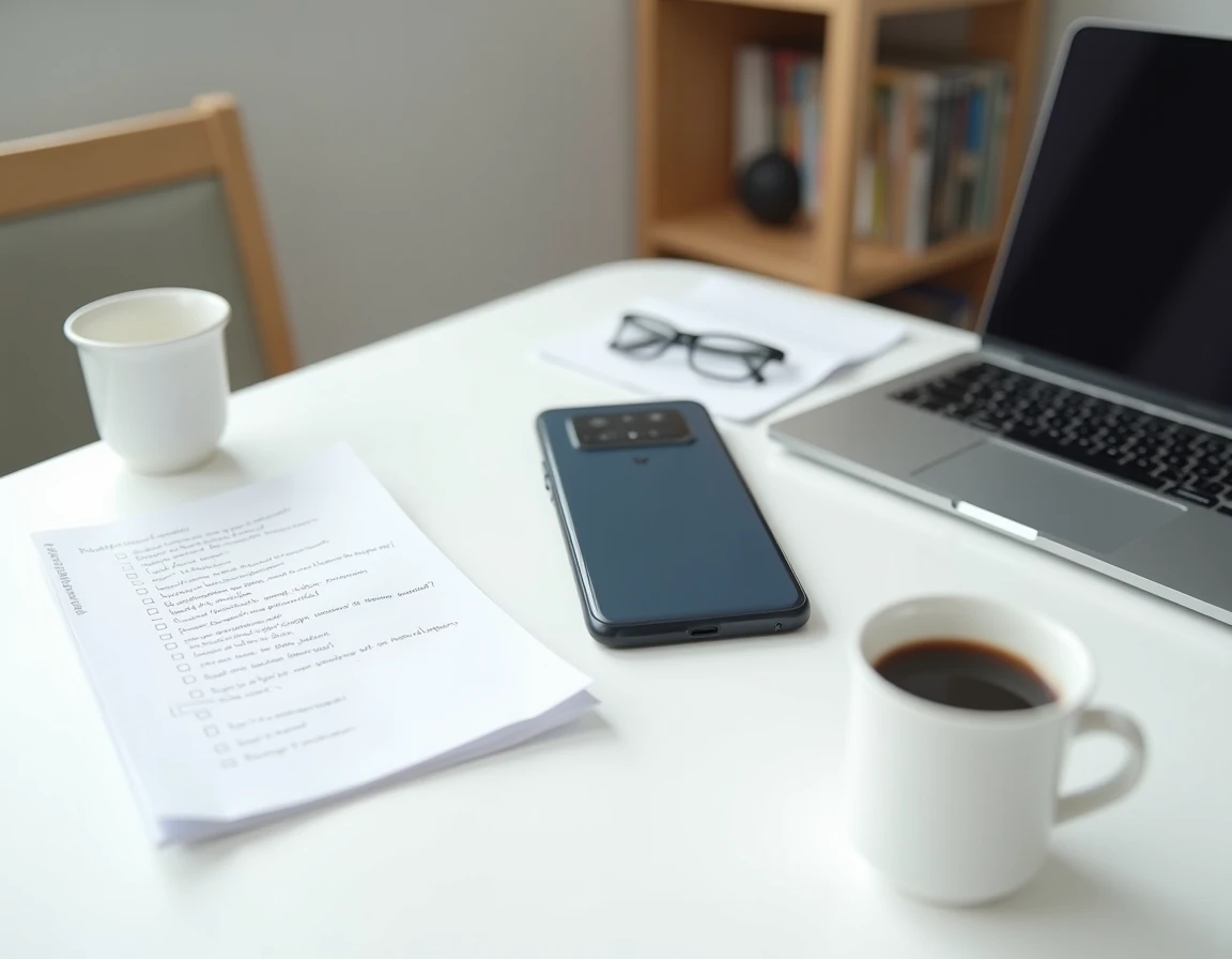 Google Pixel 8a posé sur un bureau avec liste de contrôle et checklist d'achat pour guide comparatif
