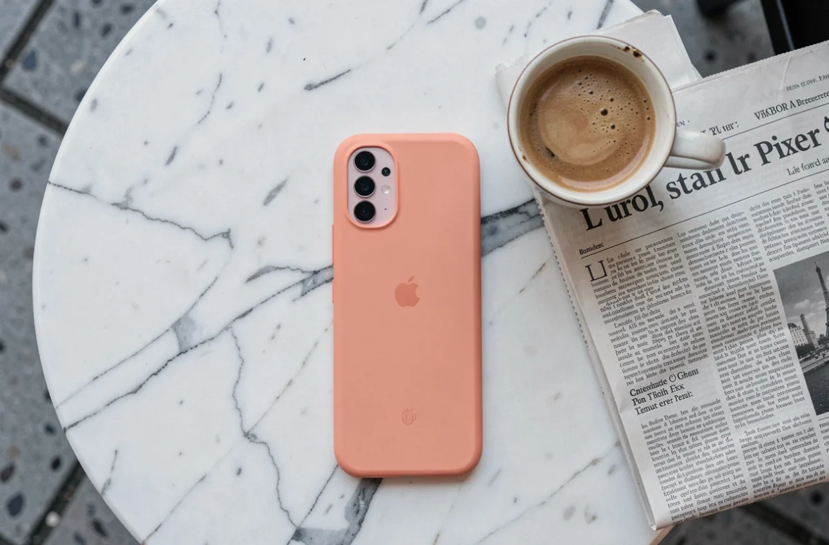 Google Pixel 8a posé sur une surface en marbre avec une tasse de café, vue de dessus style flat lay