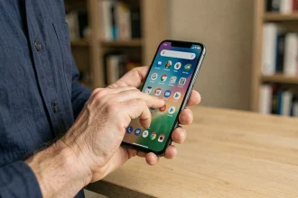 Homme tenant un Google Pixel 8a dans la main avec l'interface Android affichée, bureau moderne en arrière-plan