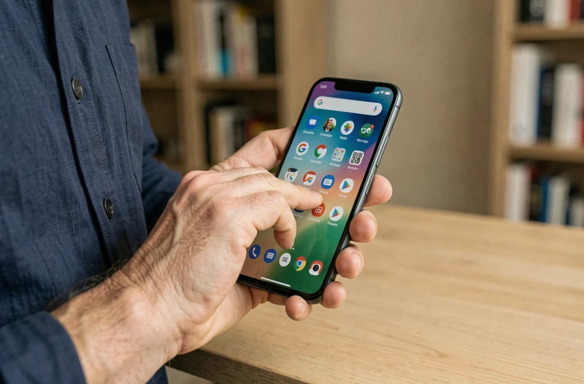 Homme tenant un Google Pixel 8a dans la main avec l'interface Android affichée, bureau moderne en arrière-plan