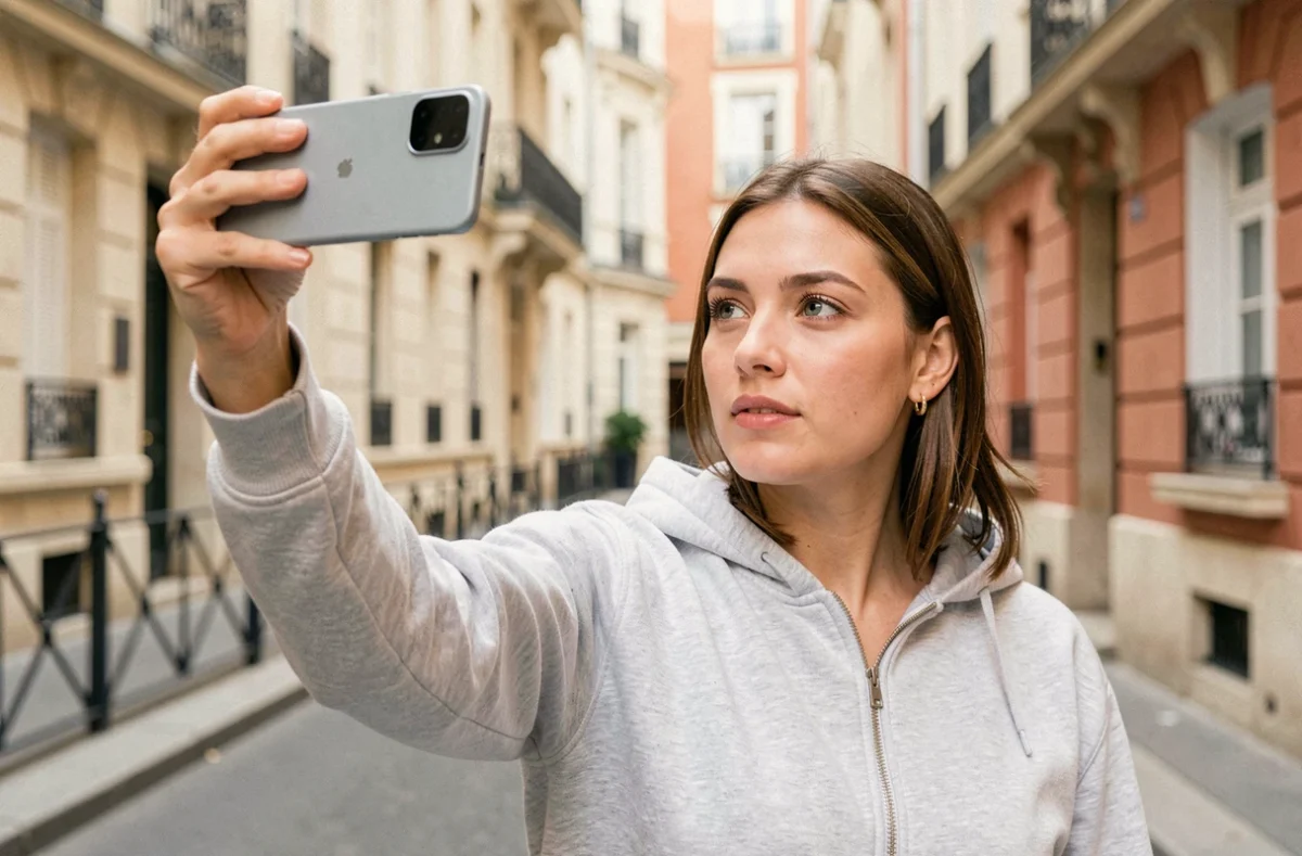 Jeune femme utilisant un Google Pixel 8a pour prendre une photo dans une rue parisienne