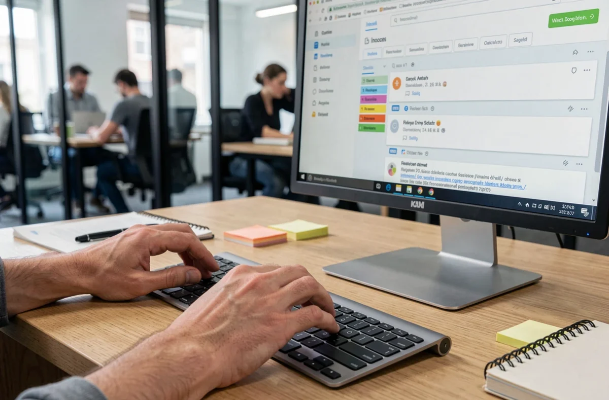 Gros plan sur des mains tapant au clavier devant une interface webmail avec des emails organisés par catégories et étiquettes colorées