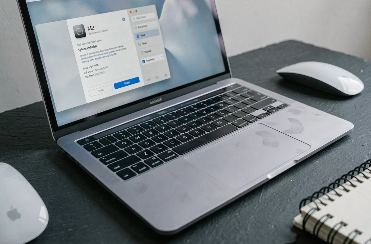 Gros plan sur le clavier et le pavé tactile du MacBook Air M2 avec fenêtre de configuration système affichée à l'écran