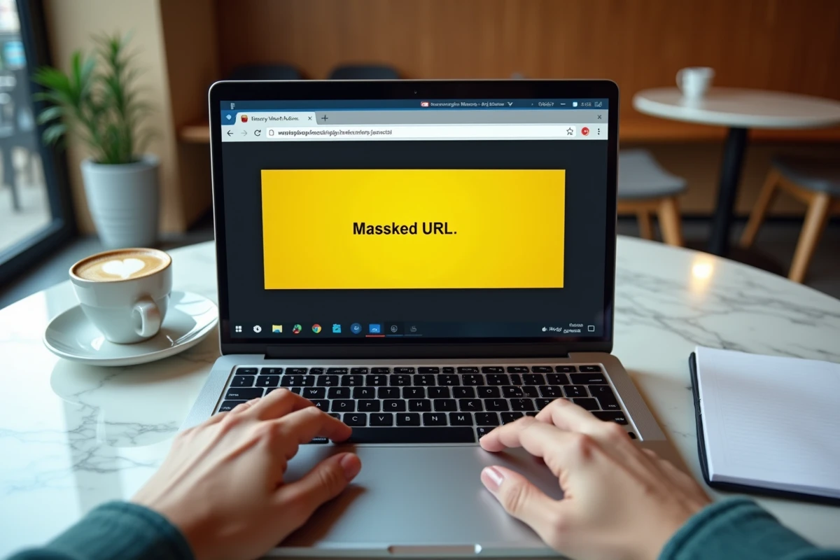 Gros plan sur un ordinateur portable affichant un message d'URL masquée avec mains sur le clavier