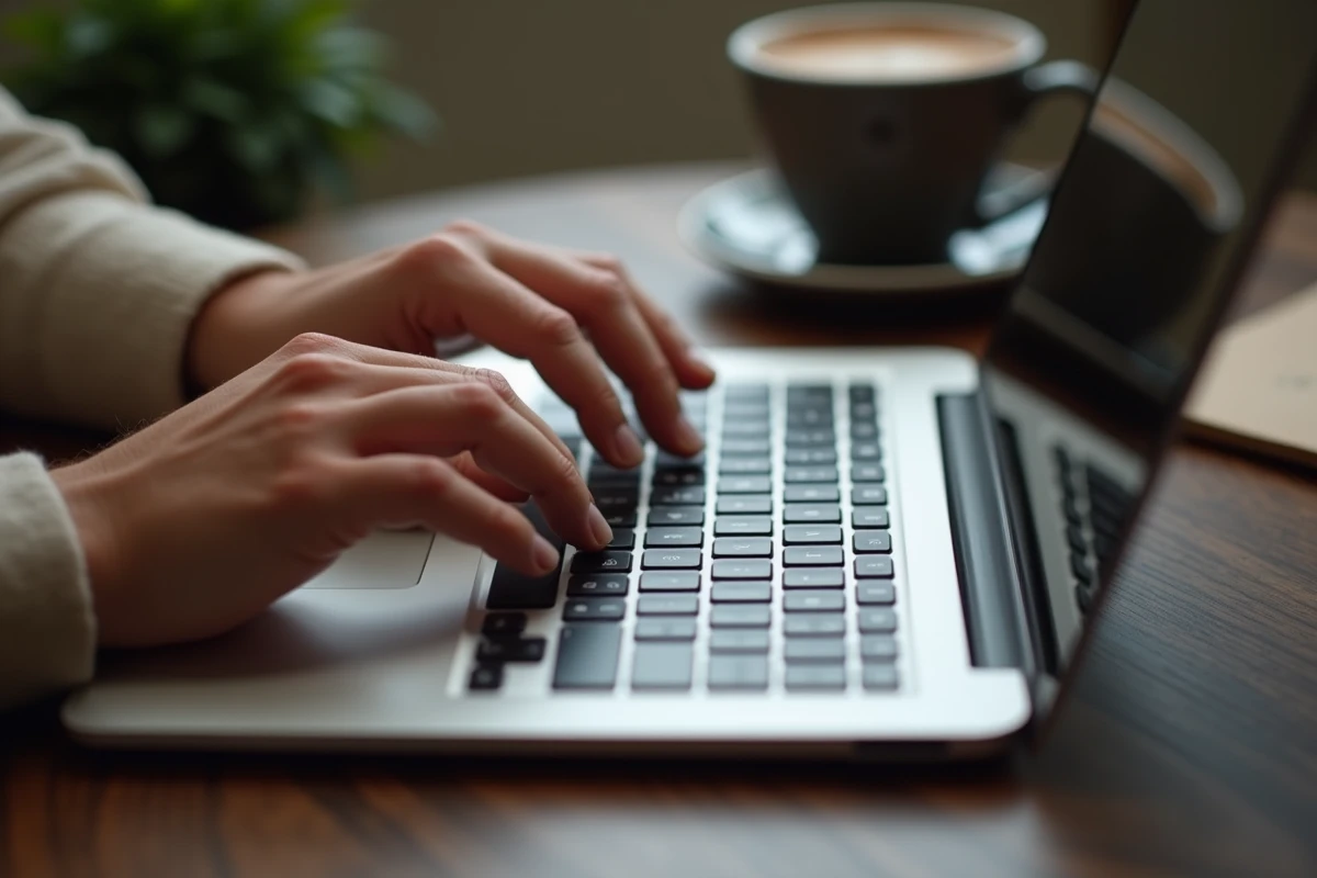 Gros plan sur la touche Maj et les chiffres d'un clavier MacBook Pro, mains en train de taper dans un café