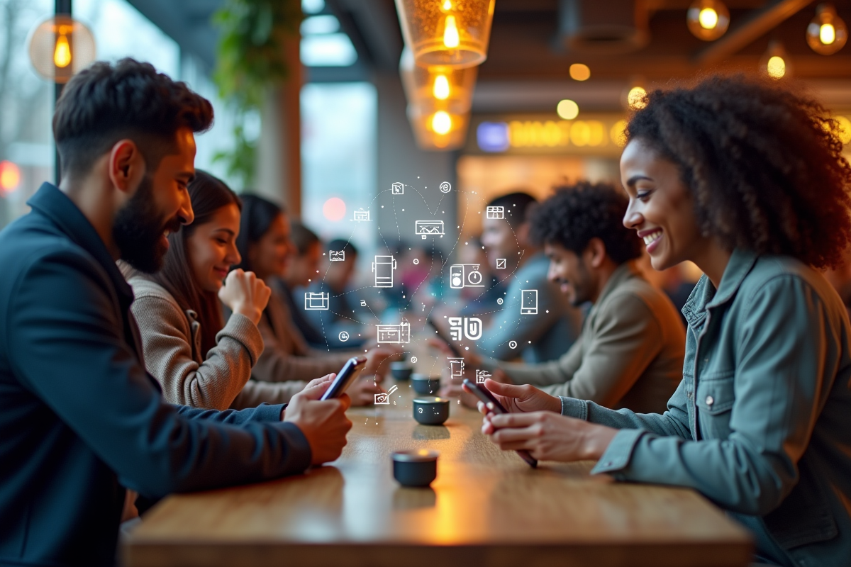 Groupe de personnes utilisant des appareils en café animé