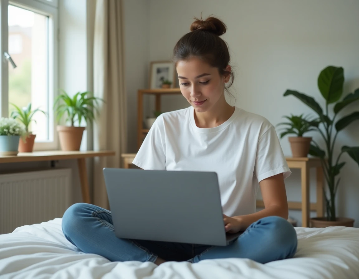 Jeune femme parcourant un panneau d'hébergement de serveur FiveM sur son ordinateur portable dans une chambre moderne