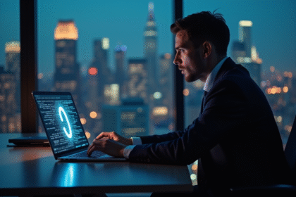 Homme d'affaires inquiet devant un ordinateur avec code phishing lumineux