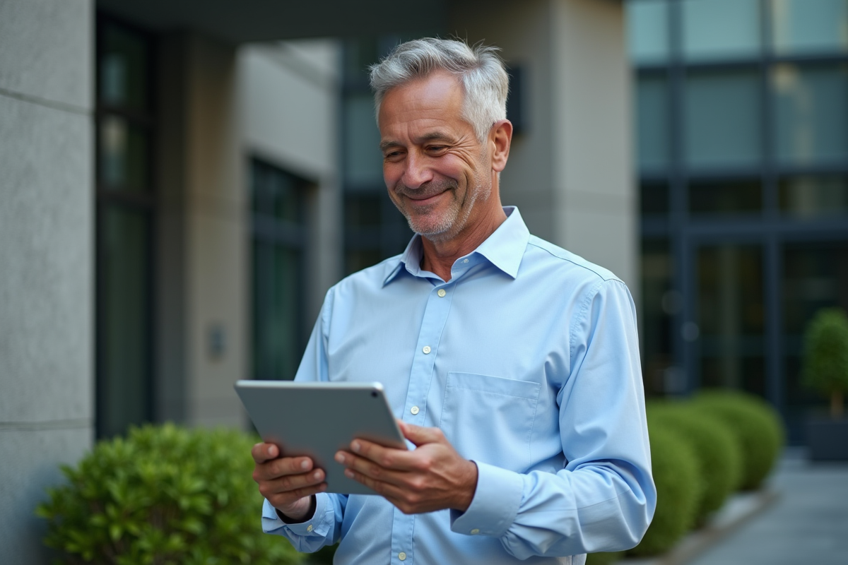 Homme vérifiant ses analyses SEO sur une tablette devant un bâtiment urbain