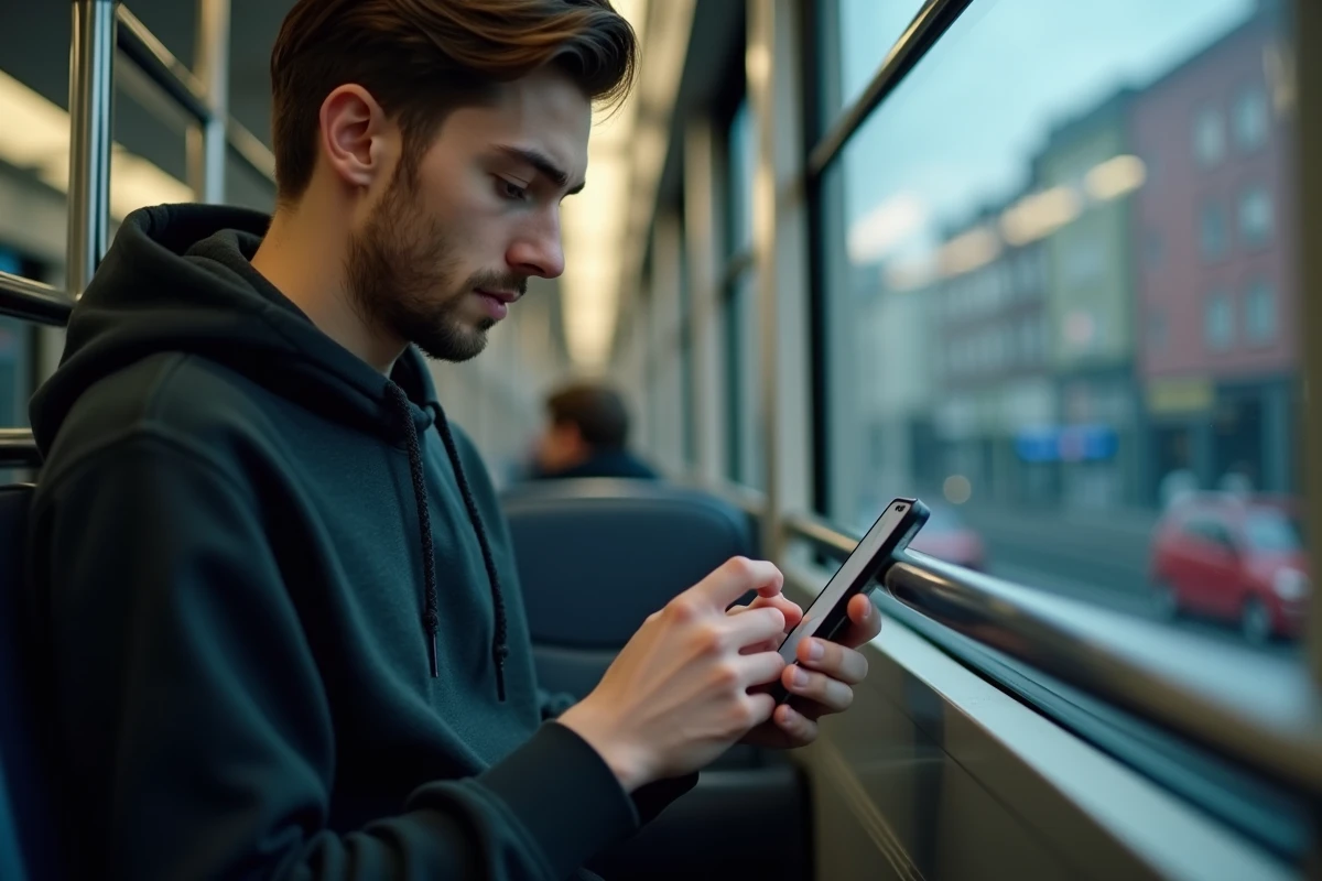 Jeune homme dans le train vérifie ses mots de passe sur iPhone