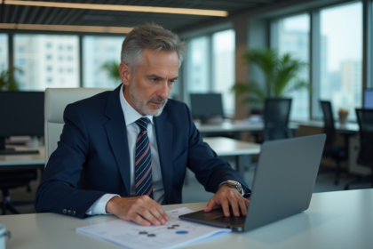 Homme d'âge moyen en costume bureau travaillant sur un ordinateur