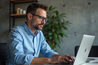 Homme concentré sur son ordinateur dans un bureau moderne