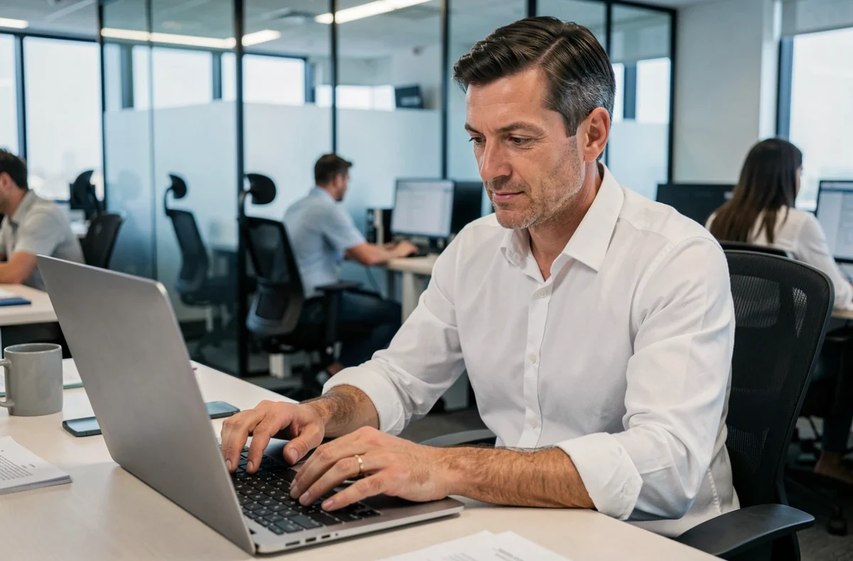 Homme en chemise blanche tapant sur le clavier d'un ordinateur portable dans un bureau professionnel en open space