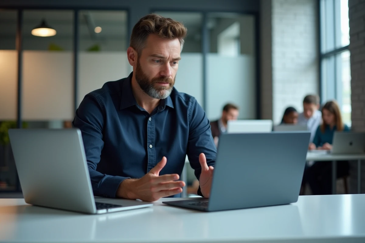 Homme comparant internet et le web sur deux ordinateurs portables dans un espace de coworking