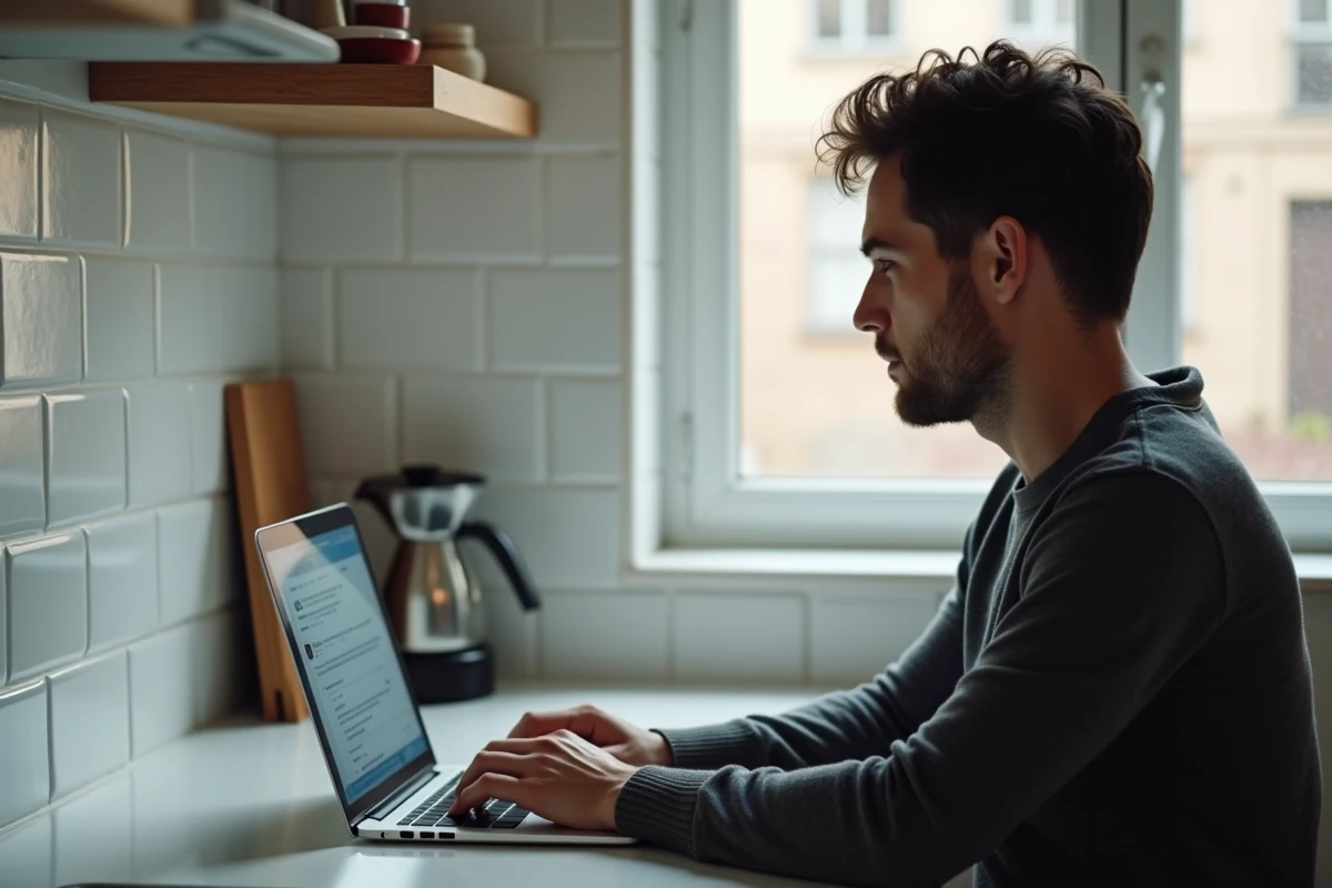 Homme configurant des dossiers de messagerie webmail sur un ordinateur portable à domicile