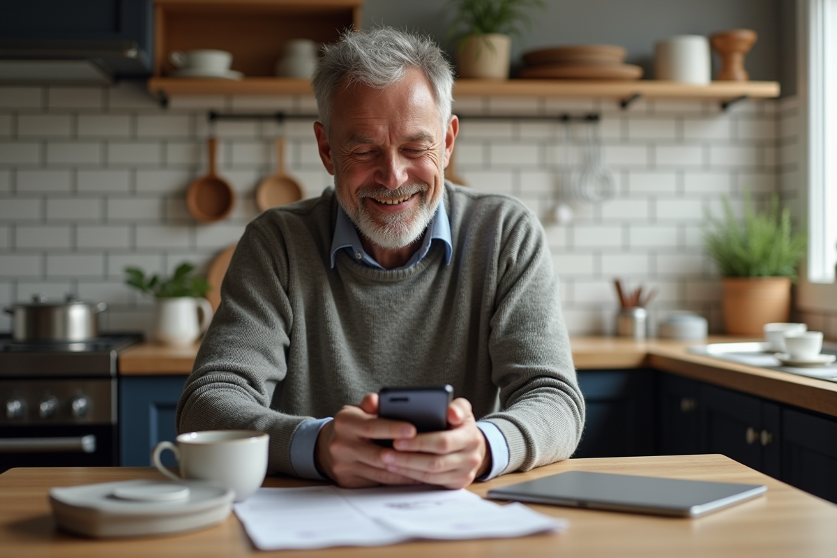 Homme discutant au téléphone dans une cuisine chaleureuse