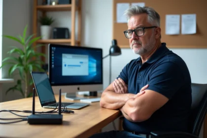 Homme d'âge moyen face à un ordinateur en panne dans un bureau moderne