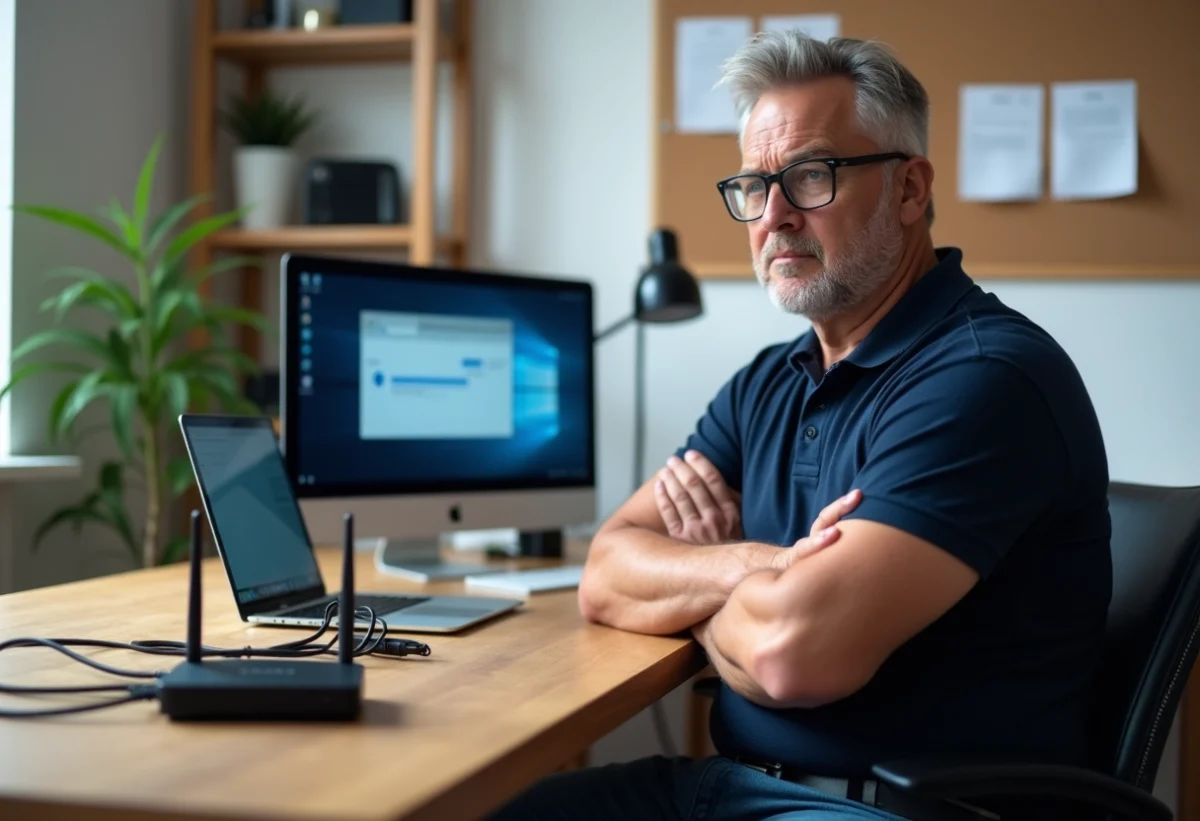 Homme d'âge moyen face à un ordinateur en panne dans un bureau moderne
