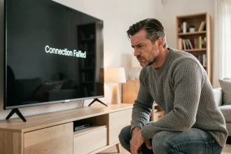 Homme frustré devant une TV Samsung affichant une erreur de connexion WiFi dans un salon moderne