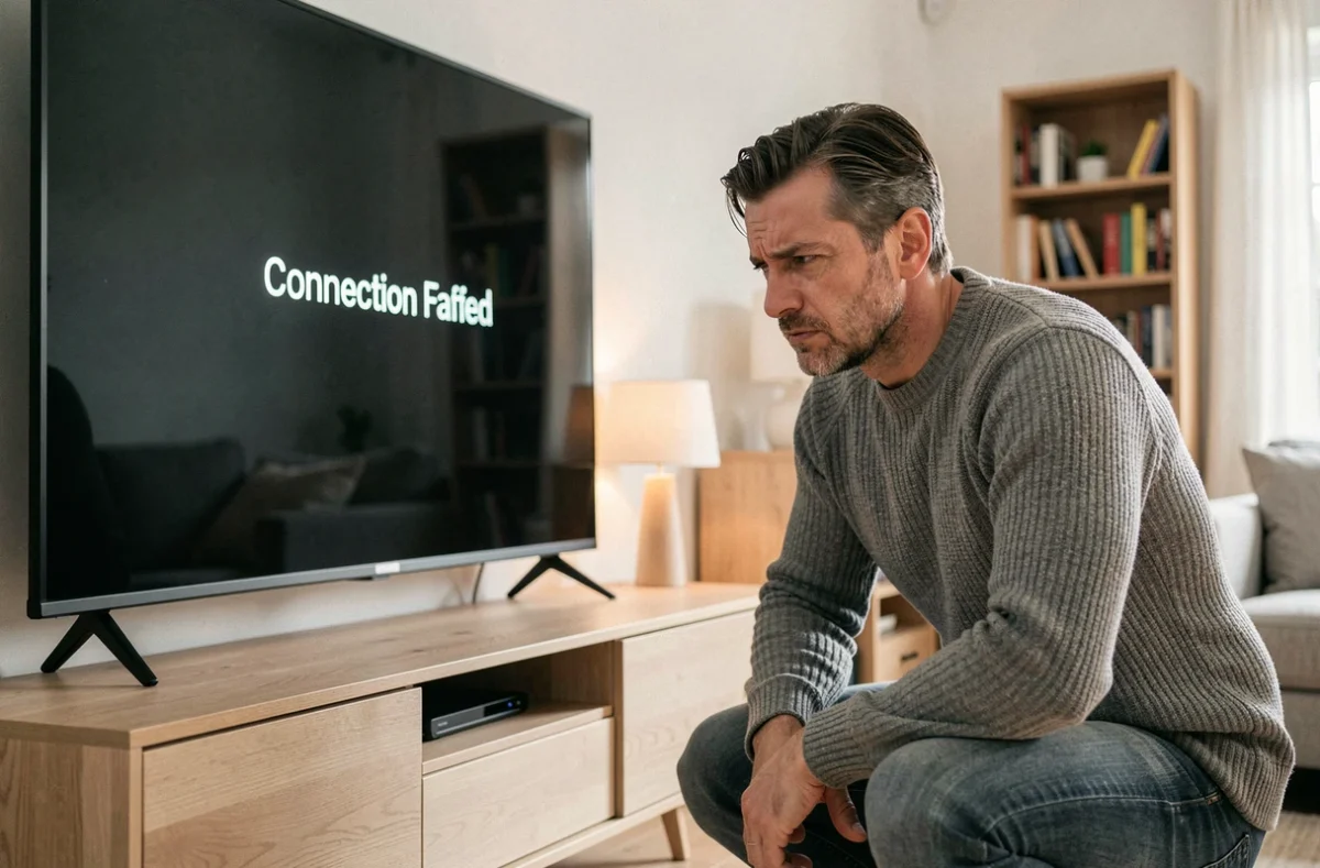 Homme frustré devant une TV Samsung affichant une erreur de connexion WiFi dans un salon moderne