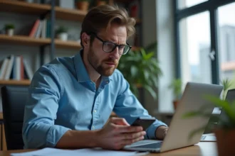 Homme inquiet utilisant son smartphone pour 2FA