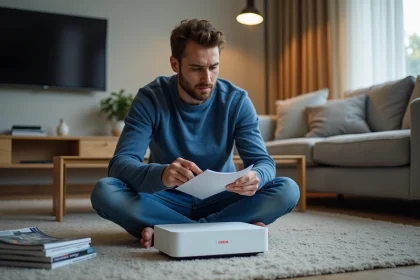 Homme regardant une box internet avec erreur dans le salon