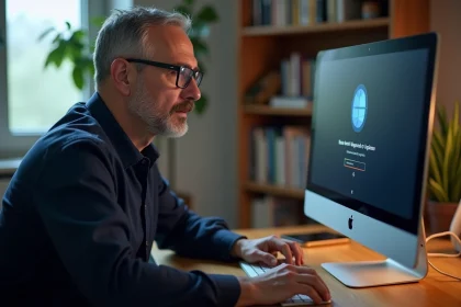 Homme en train de lire les instructions de mise à niveau Windows sur un écran d'ordinateur dans un bureau à domicile