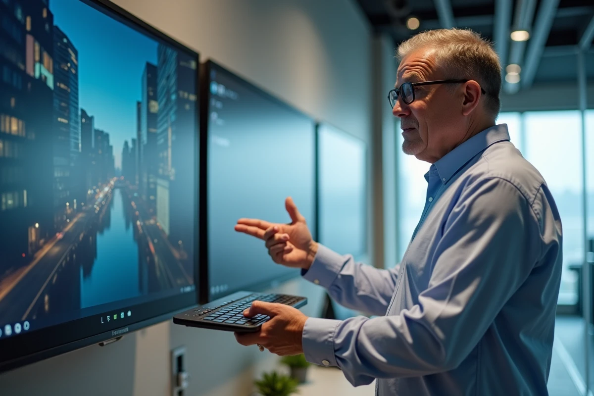 Homme d age moyen avec clavier dans un bureau moderne