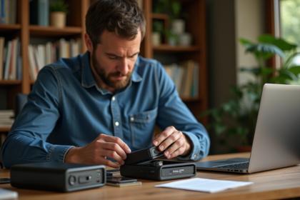 Homme d'âge moyen organisant des disques durs dans un coffre-fort