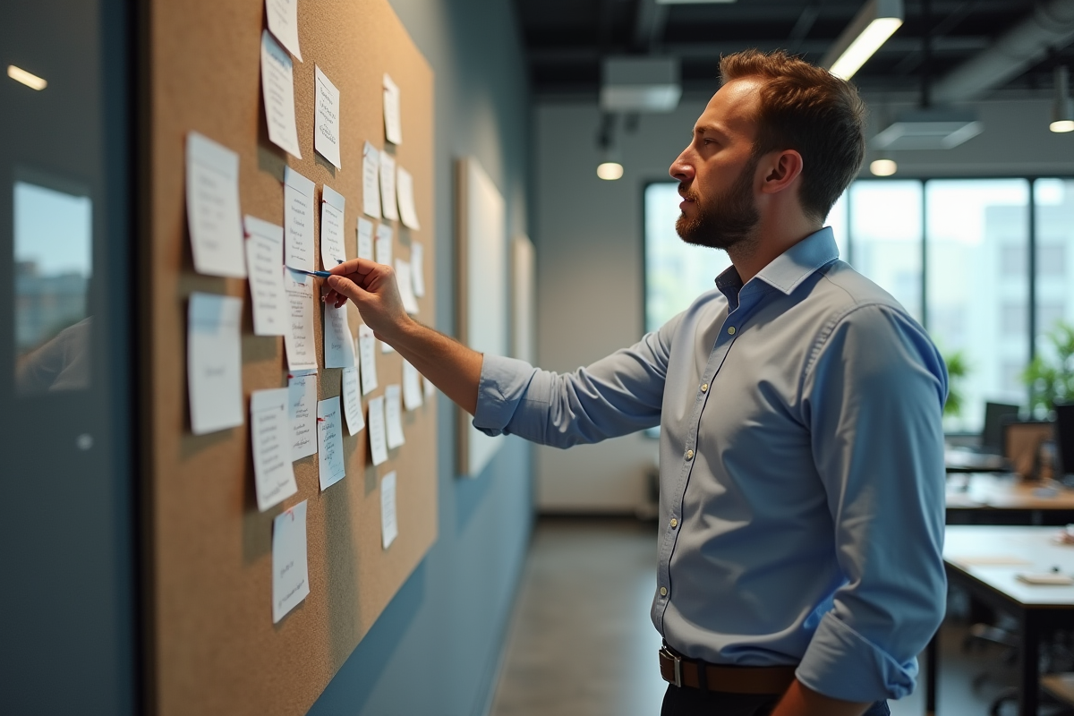 Homme vérifiant ses notes de stratégie SEO dans un bureau moderne