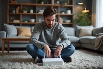 Homme assis sur un tapis avec un routeur blanc connecté