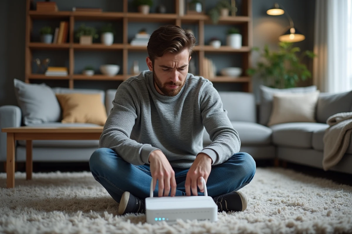 Homme assis sur un tapis avec un routeur blanc connecté